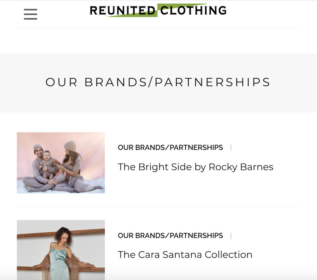 Reunited Clothing brand partnerships page.