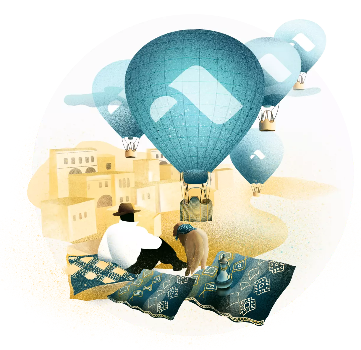 Hotair ballon An illustrated hot air balloon with the Route logo on it floats above a man looking at it from the ground.