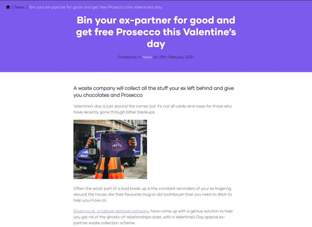 Divert brand press release for Valentines Day.
