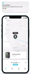 Route app tracking a Cotopaxi delivery on a mobile device