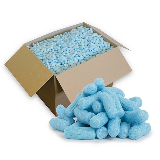 Blue biodegradable packing peanuts made of cornstarch in a cardboard box